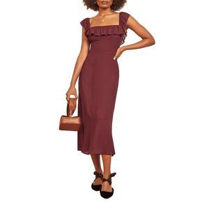 NWT Reformation Colette Midi Dress in Plum Ruffle Square Neck Purple